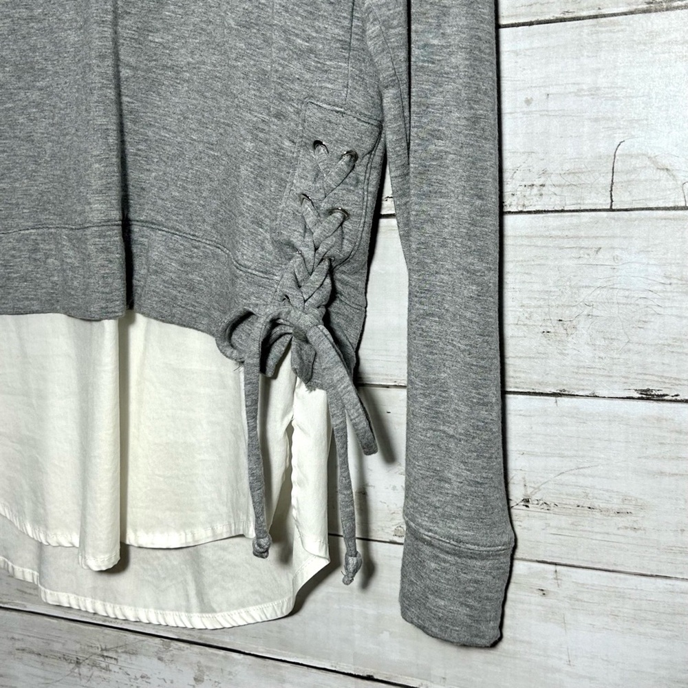 WHBM Long Sleeve Lace Up Sweatshirt with Faux Layer Shirt, Women’s size XS - Picture 3 of 10